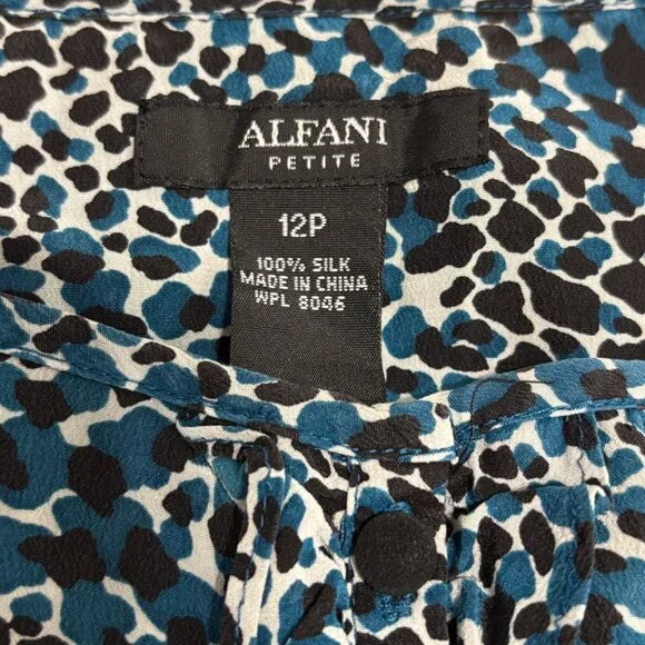 Alfani Petite 12P Silk Sleeveless Blouse Blue Black‎ Animal Print Ruffle Top - Picture 7 of 10